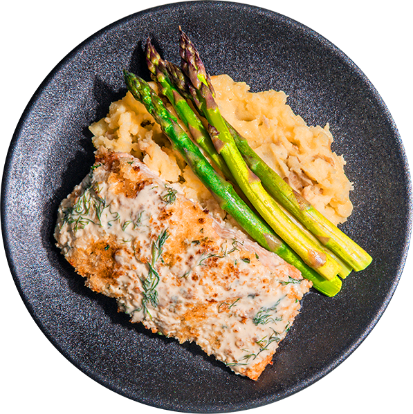 10 - Parmesan Herb Crusted Salmon With Mashed Potatoes and Asparagus