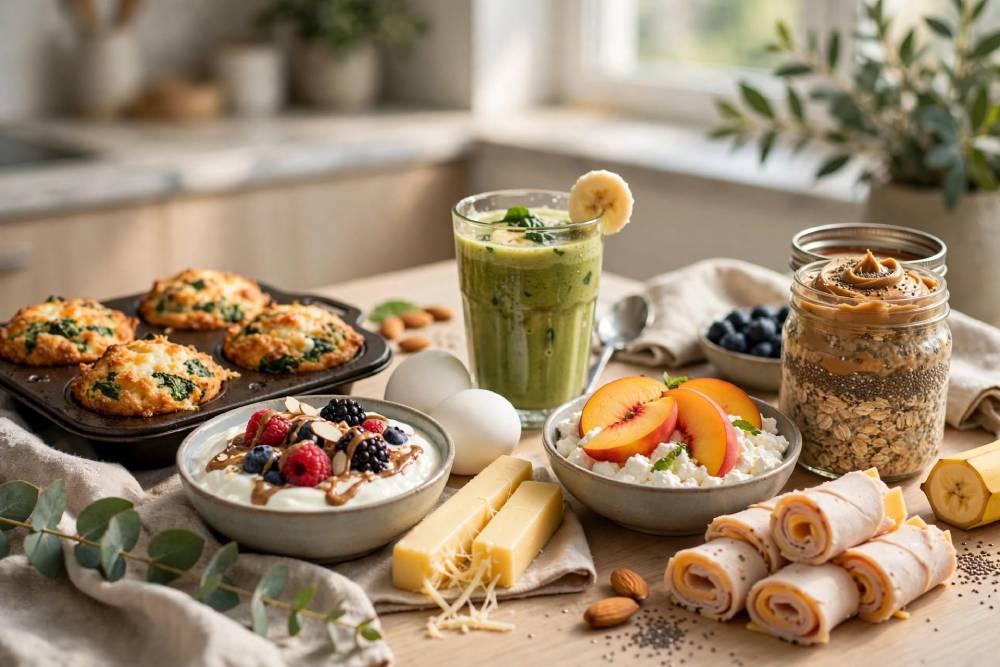 High-protein breakfast ideas including egg muffins, Greek yogurt with berries, cottage cheese with peaches, turkey roll-ups, string cheese, a green smoothie and overnight oats