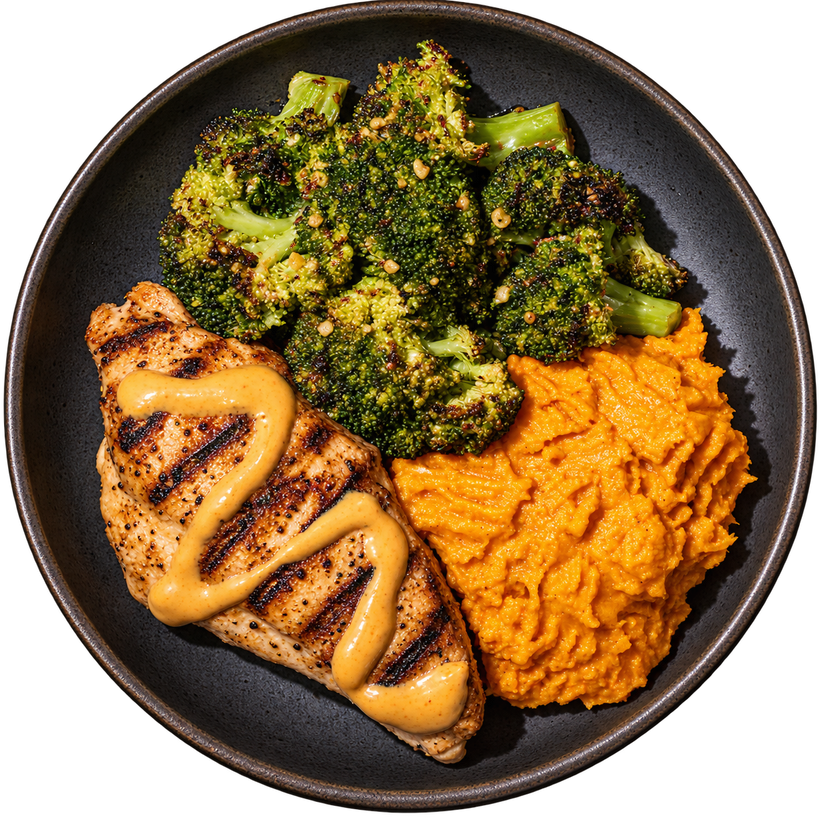 20 - Paleo Grilled Chicken with Sweet Potato Mash, Lemon Garlic Charred Broccoli, and Sweet and Tangy Sauce (GF)