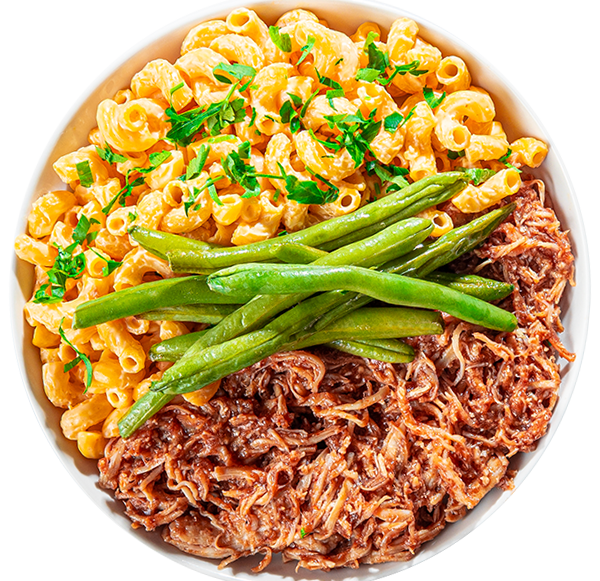13 - BBQ Pulled Chicken with Roasted Green Beans and Chipotle Mac & Cheese