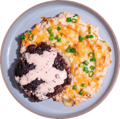22 - Hamburguesa de Pollo Cetogénica Estilo Búfalo Ranch con Puré de Coliflor (GF)