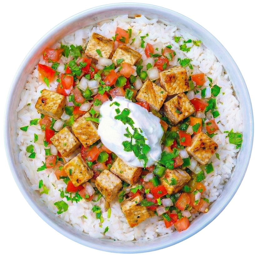 12 - Tazón de pollo estilo suroeste con arroz con cilantro, pico de gallo y crema agria (sin gluten)