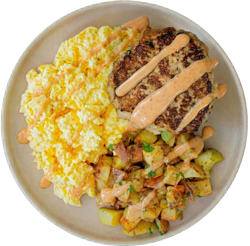 40 - Homestyle Chicken Patty with Eggs, Yukon Potatoes, and Firecracker Sauce