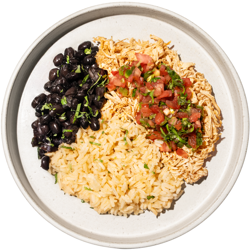 05 - Bowl de Tinga de Pollo --- con Arroz Mexicano, Frijoles Negros y Pico Estilo Southwest (GF)
