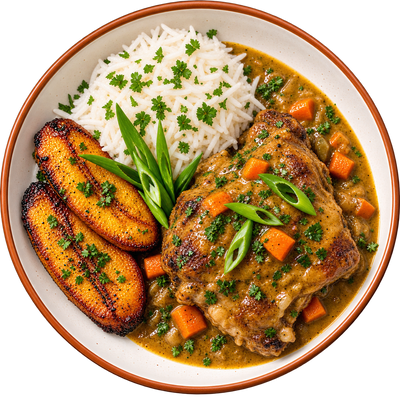 03 - Pollo al Curry con Coco acompañado de Arroz con Cilantro y Maduros (GF)