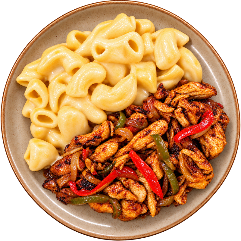 13 - Grilled BBQ Chicken with Roasted Peppers and Creamy Mac n' Cheese