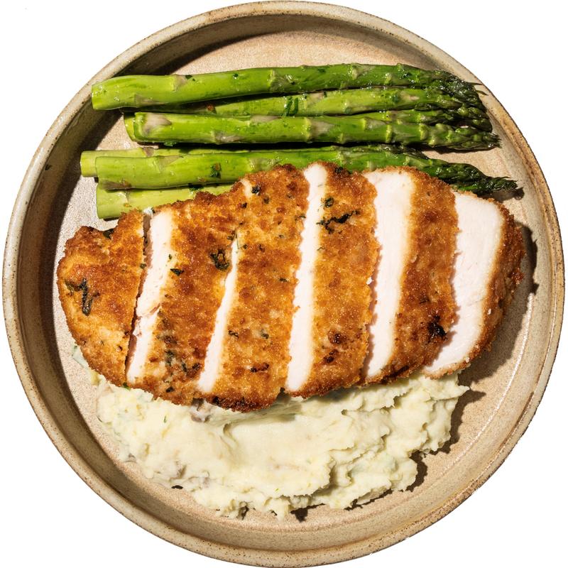 10 - Crispy Italian Chicken with Creamy Mashed Potatoes and Asparagus