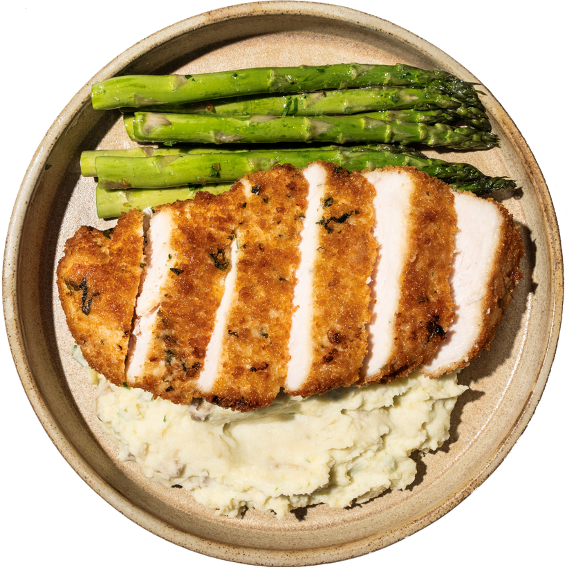 10 - Crispy Italian Chicken with Garlic Mashed Potatoes and Asparagus