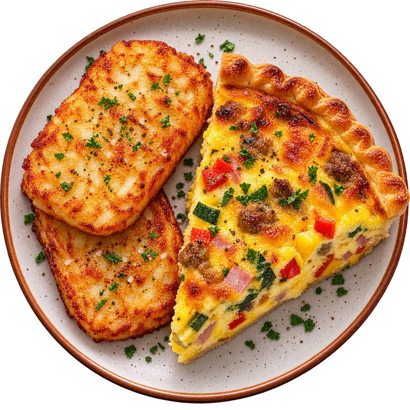 40 - Loaded Breakfast Quiche with Sausage, Ham, Veggies, and Hash Brown