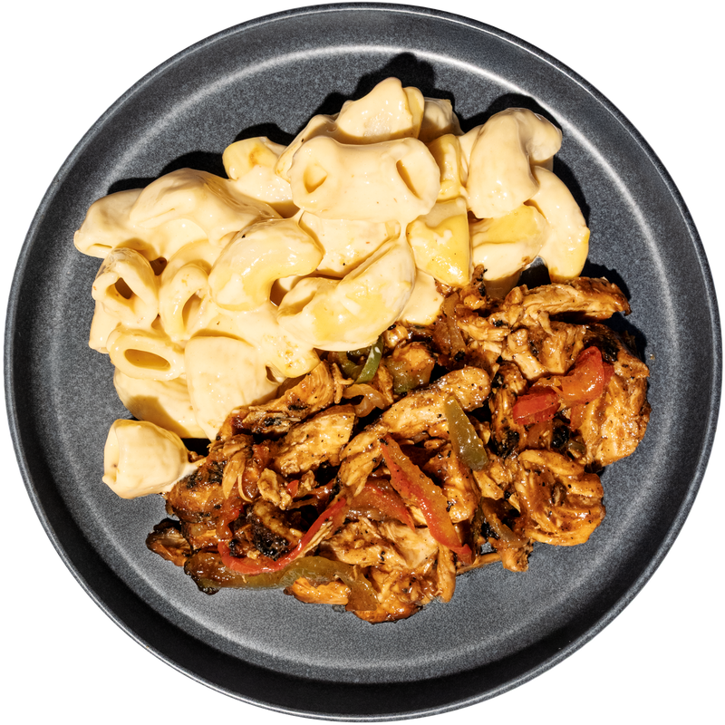 13 - Grilled BBQ Chicken with Roasted Peppers and Creamy Mac n' Cheese