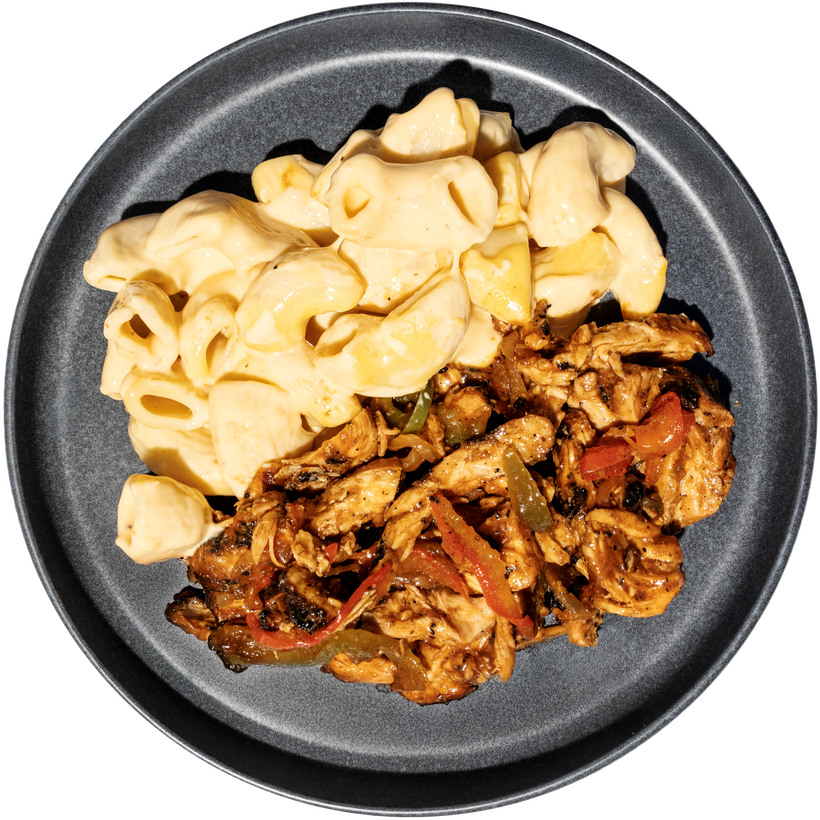 13 - Grilled BBQ Chicken with Roasted Peppers and Creamy Mac n' Cheese