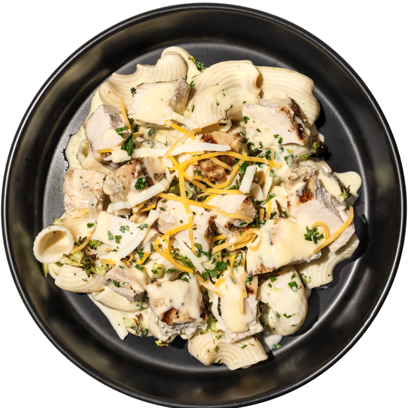 16 - Grilled Chicken with Broccoli Mac n' Cheese and Shredded Monterey Jack