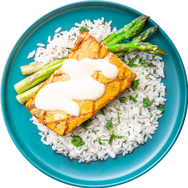 10 - Grilled Mahi Bowl with Cilantro Rice and Asparagus (GF)