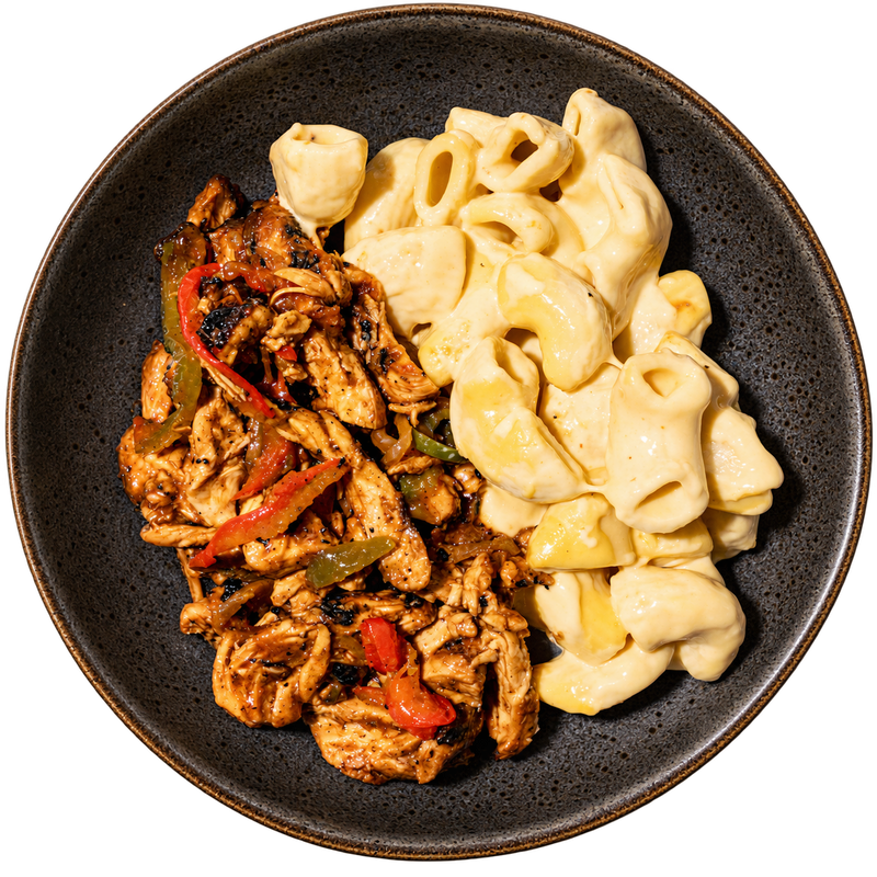 13 - Grilled BBQ Chicken with Roasted Peppers and Creamy Mac n' Cheese