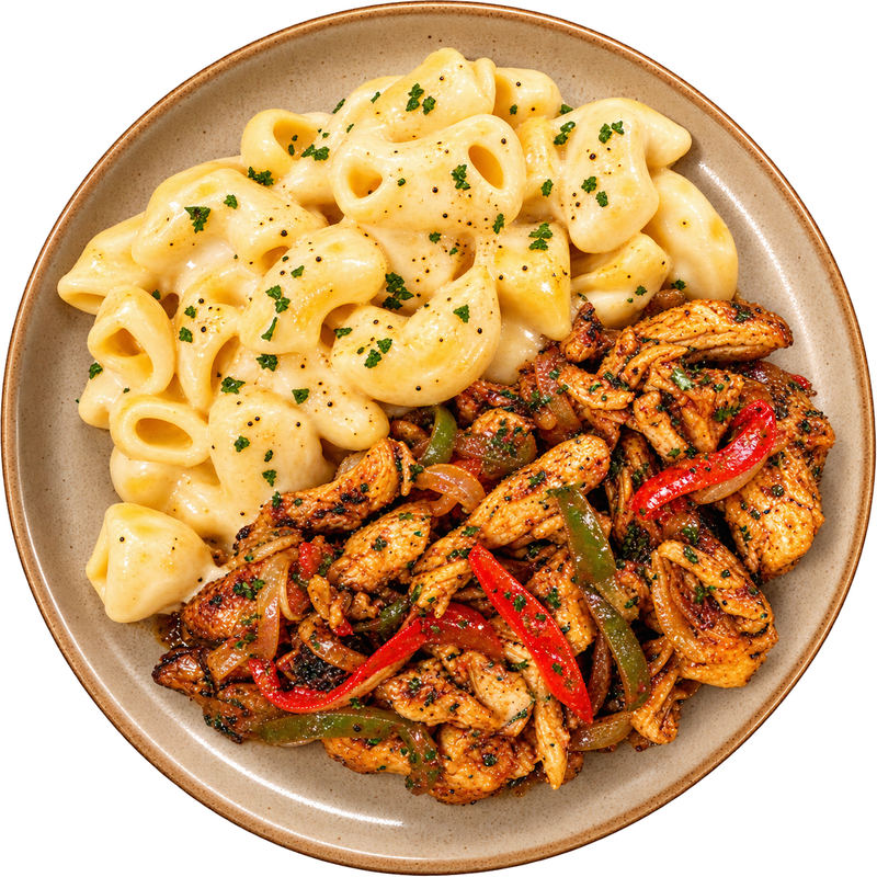 13 - Grilled BBQ Chicken with Roasted Peppers and Creamy Mac n' Cheese