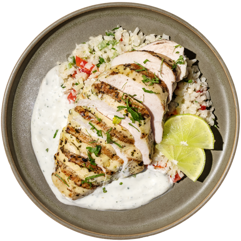 26 - Keto Friendly Grilled Jalapeno Lime Chicken with Cheesy Cauliflower Rice and Garlic Cream Sauce (GF)