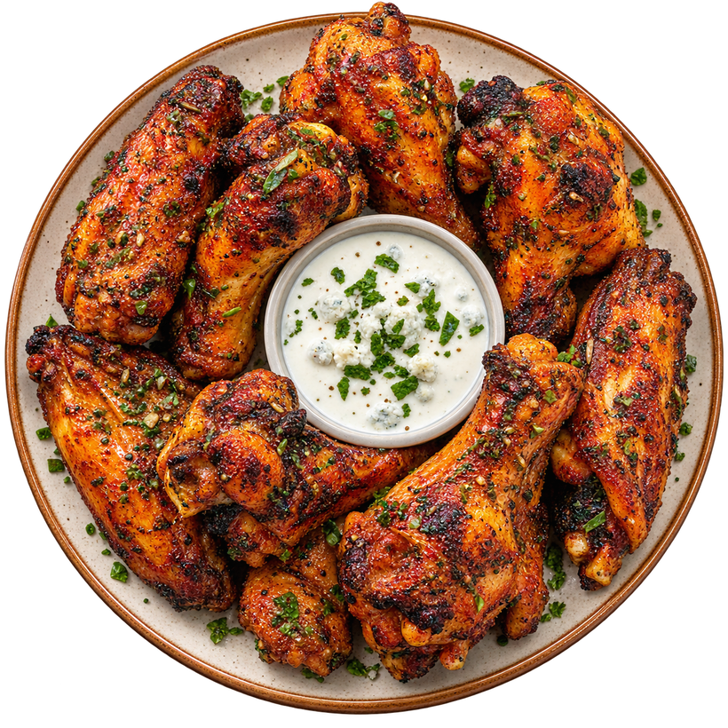 26 - Alitas de Pollo Cetogénicas Frotadas con Hierbas acompañadas de Queso Azul (GF)