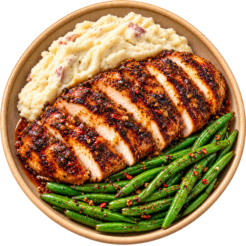 03 - Island Jerk Chicken with Creamy Mashed Potatoes and Seasoned Green Beans (GF)