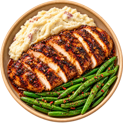 03 - Island Jerk Chicken with Creamy Mashed Potatoes and Seasoned Green Beans (GF)