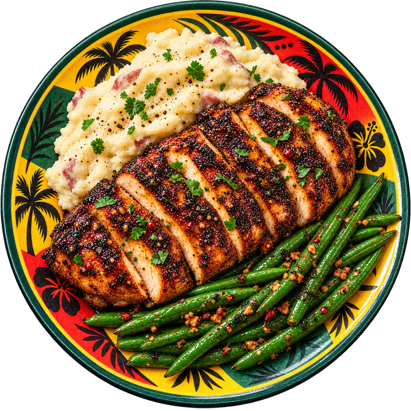 03 - Island Jerk Chicken with Creamy Mashed Potatoes and Seasoned Green Beans (GF)