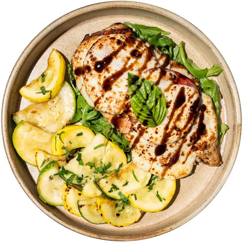 26 - Caprese de Pollo Asado Keto con Rúcula y Calabaza Asada Estilo Balsámica (GF)