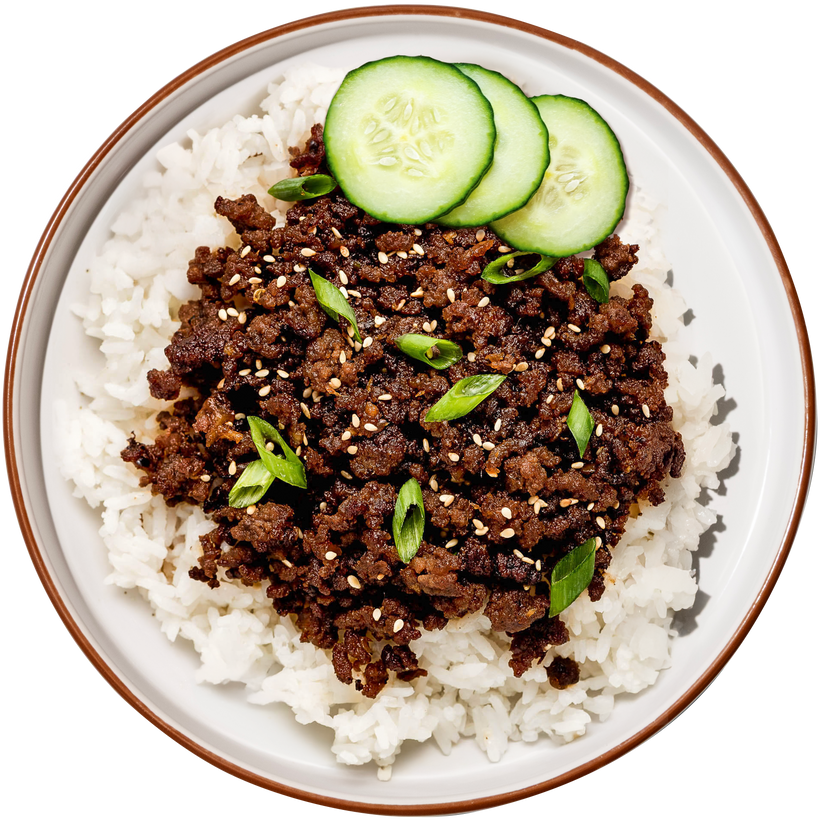 09 - Korean BBQ Ground Beef Bowl with White Rice and Cucumbers (GF)