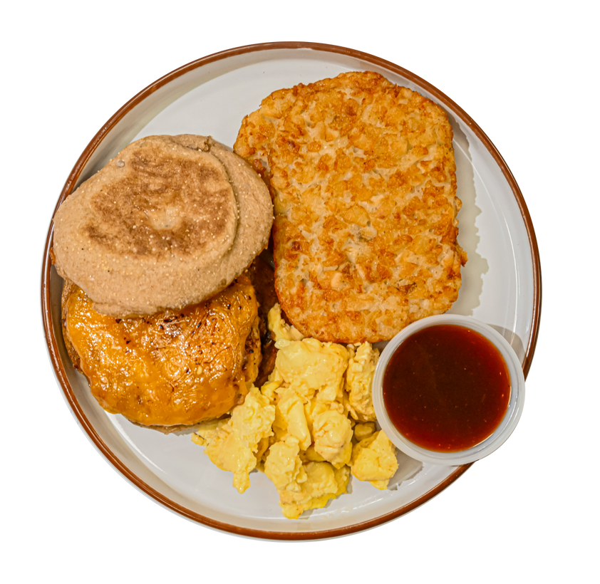 36 - Turkey Sausage & Egg Breakfast Sandwich with Cheddar, Hashbrowns, and Maple Hot Sauce