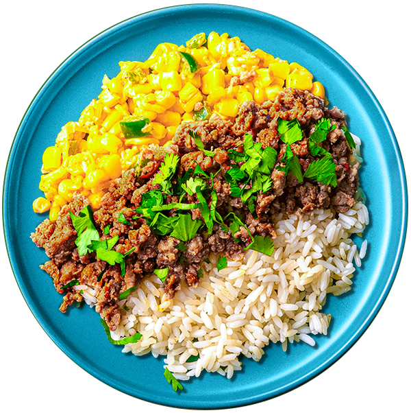 11 - Mexican Street Pork Bowl with White Rice, and Cheesy Corn (GF)