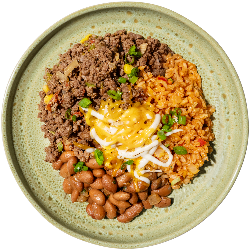 09 - Mexican Style Ground Beef with Braised Pinto Beans, Red Rice, and Monterey Jack (GF)