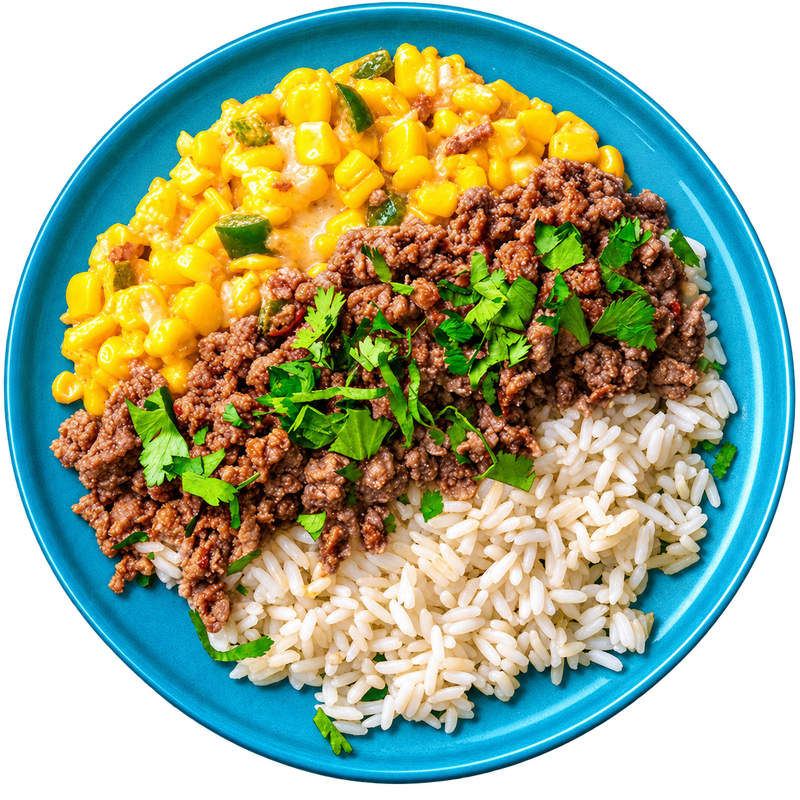 11 - Mexican Street Pork Bowl with White Rice, and Cheesy Corn (GF)