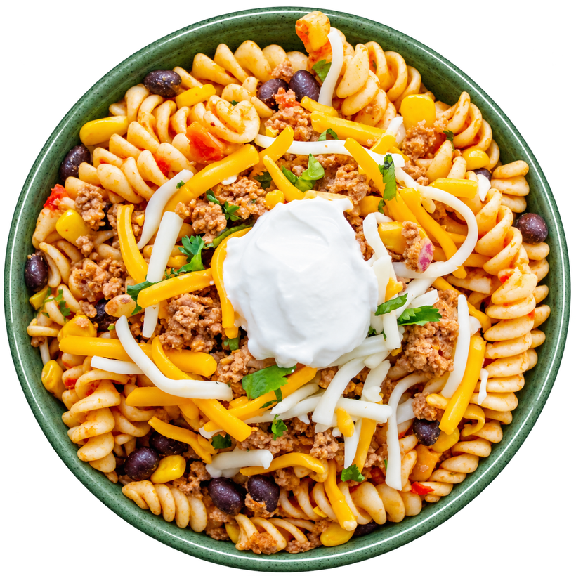 09 - Pasta Estilo Taco con Pavo más Salsa de Tomate, Queso Monterrey y Crema Agria