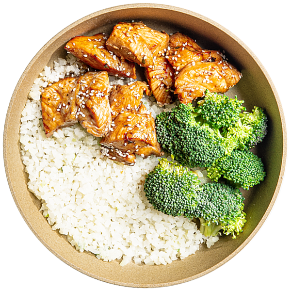 20 - Bowl Coreano de Pollo Paleo --- con Brócoli Carbonizado Estilo Ajo y Limón más Arroz de Coliflor (GF)