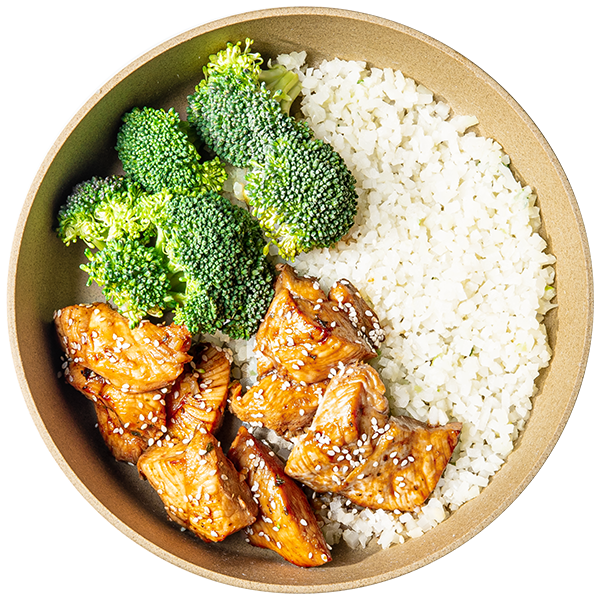 20 - Bowl Coreano de Pollo Paleo --- con Brócoli Carbonizado Estilo Ajo y Limón más Arroz de Coliflor (GF)