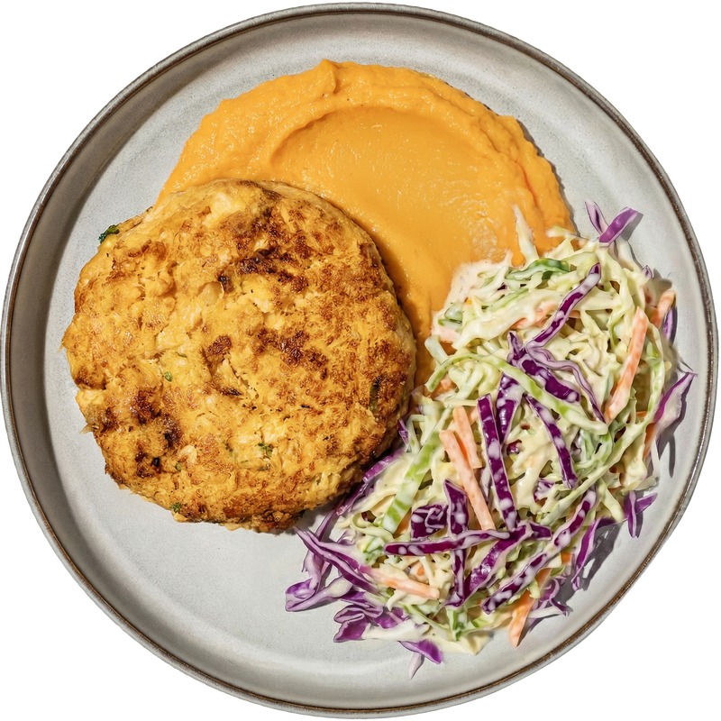18 - Paleo Salmon Cake with Sweet Potato Mash and Cole Slaw (GF)
