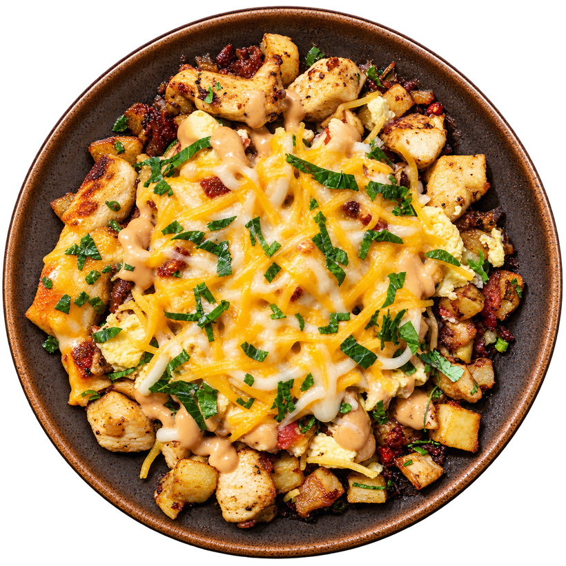 41 - Ranchero Breakfast Hash with Shredded Cheddar and BBQ Aioli (GF)