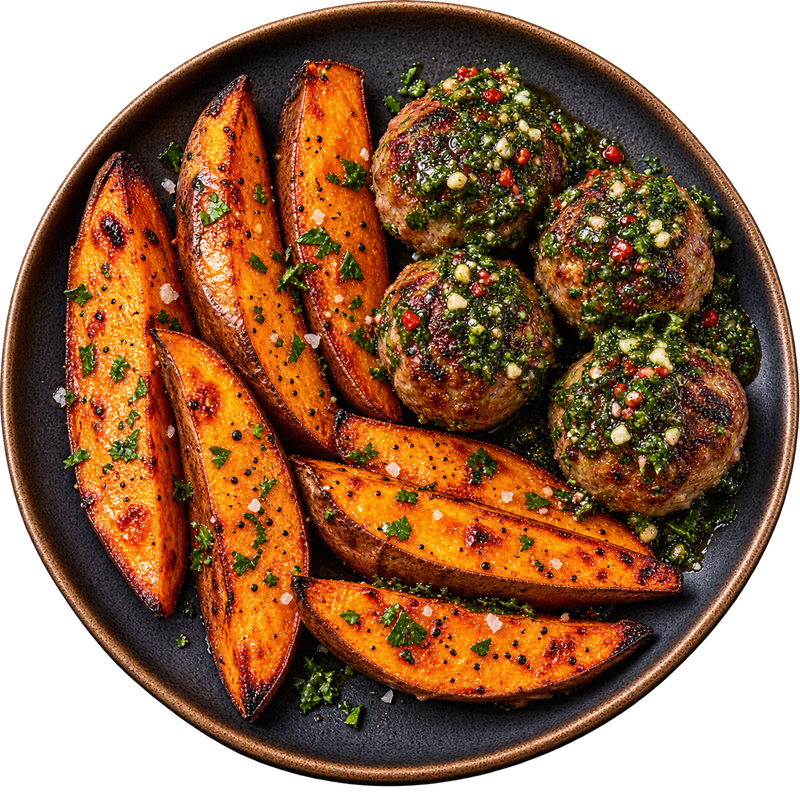17 - Paleo Chimichurri Chicken Meatballs with Roasted Sweet Potato Wedges (GF)