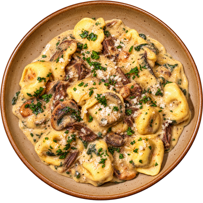 06 - Tortellini de Costilla de Res con Boloñesa de Champiñones Asados y Queso Parmesano