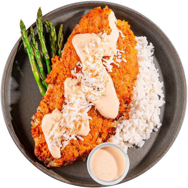 05 - Sweet Potato Crusted Chicken With Coconut Rice And Asparagus
