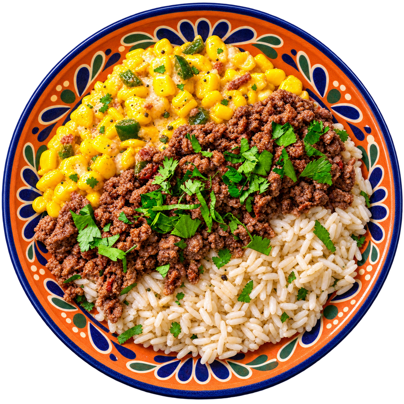 11 - Mexican Street Pork Bowl with White Rice, and Cheesy Corn (GF)
