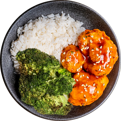 28 - Coliflor Vegano con Salsa Agridulce con Brócoli Carbonizado y Arroz Blanco