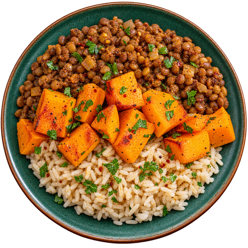 32 - Lentejas Altas en Proteína y Veganas --- con Arroz Integral y Sopa de Calabaza (GF)