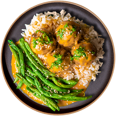 01 - Firecracker Meatballs with White Rice and Seasoned Green Beans