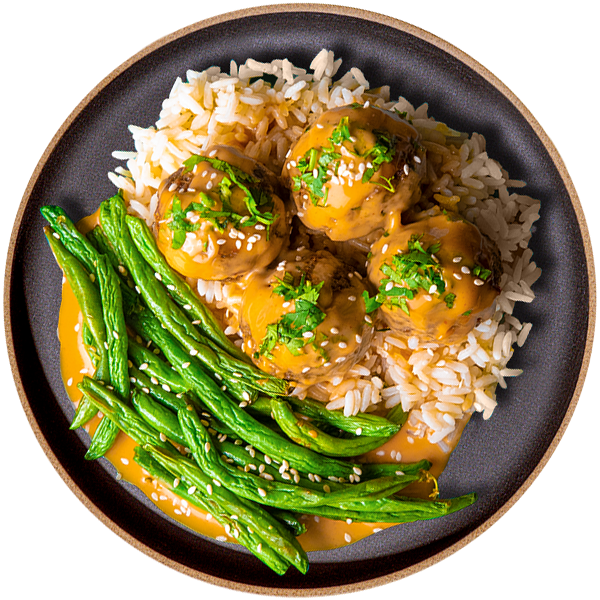 01 - Firecracker Meatballs with White Rice and Roasted Green Beans