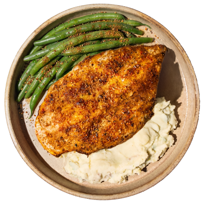 03 - Island Jerk Chicken with Garlic Mashed Potatoes and Roasted Green Beans (GF)