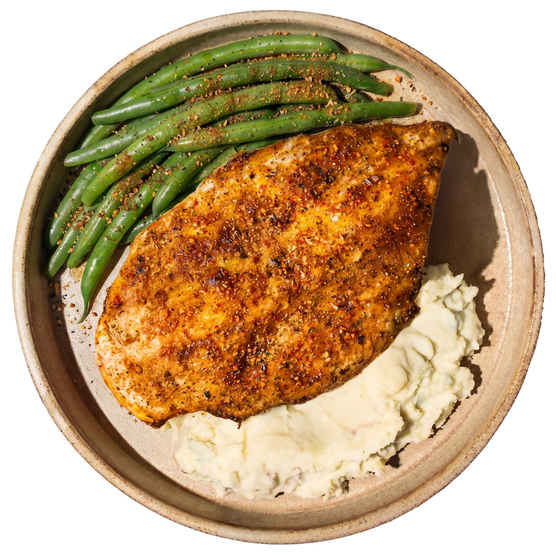 03 - Island Jerk Chicken with Garlic Mashed Potatoes and Roasted Green Beans (GF)