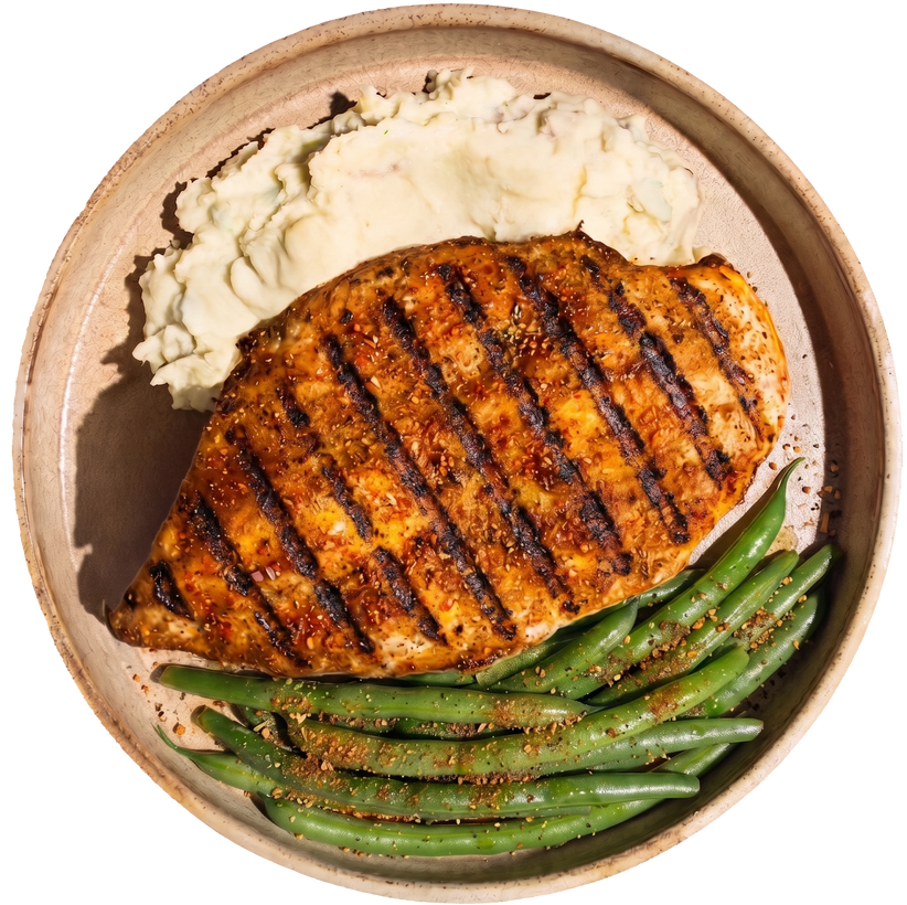 03 - Island Jerk Chicken with Creamy Mashed Potatoes and Seasoned Green Beans (GF)