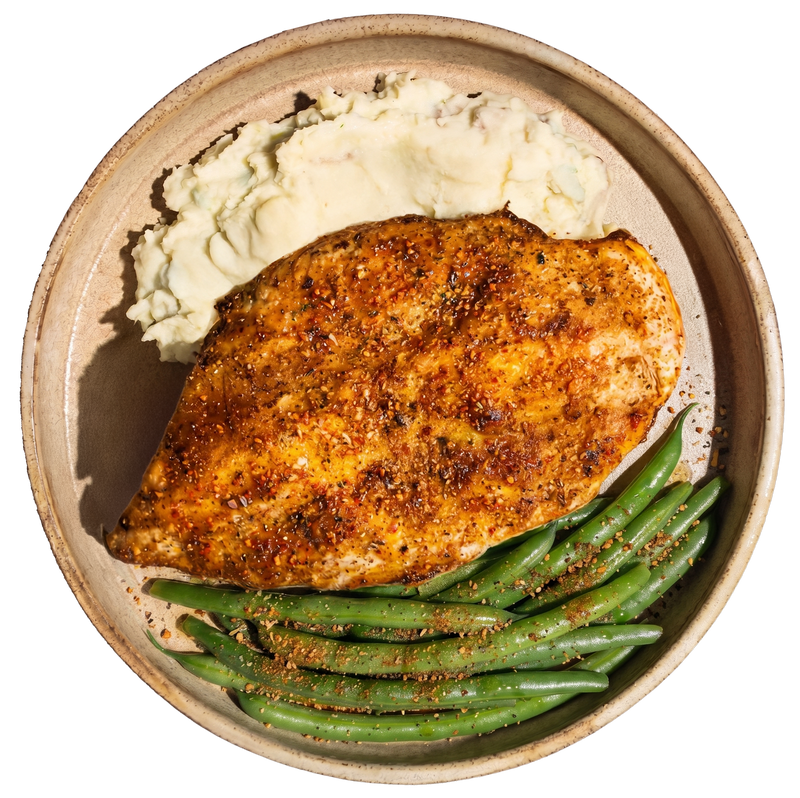 03 - Island Jerk Chicken with Garlic Mashed Potatoes and Roasted Green Beans (GF)