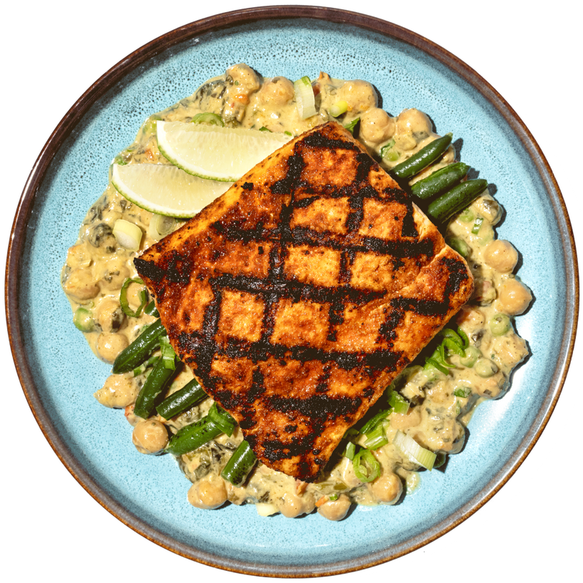 10 - Grilled Salmon with Coconut Chana Masala and Charred Green Beans (GF)