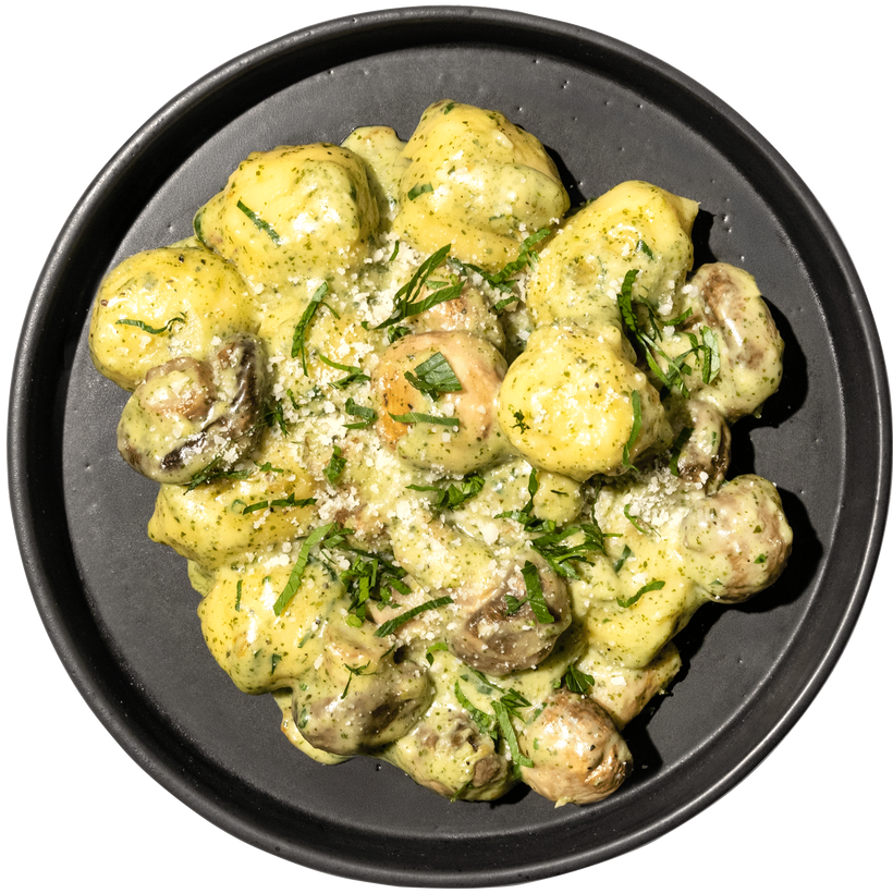 28 - Vegetarian Asiago Stuffed Gnocchi with Garlic Roasted Mushrooms and Pesto Cream Sauce