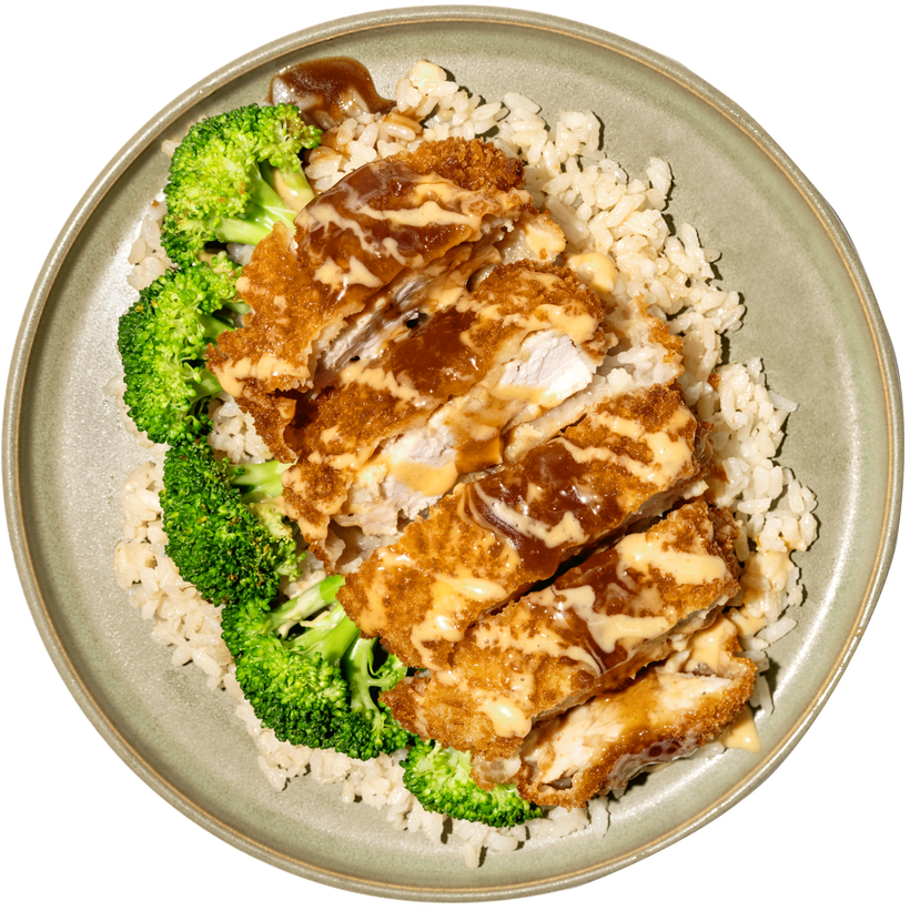 6 - Katsu de Cerdo --- con Arroz Pegajoso, Brócoli Asado con Ajo y Glaseado Hoisin